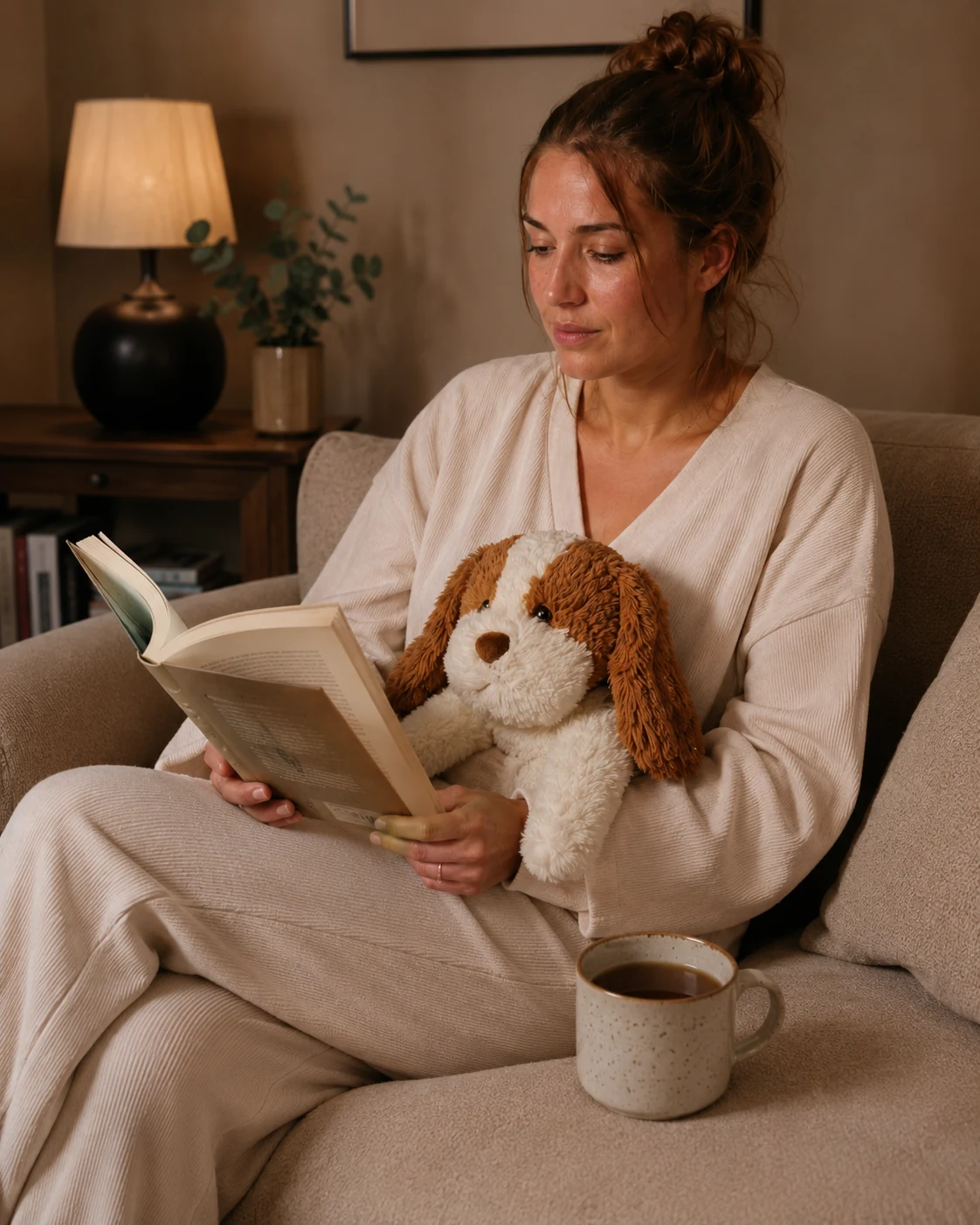 Vrouw leest een boek met de Kyendo RustHond op schoot