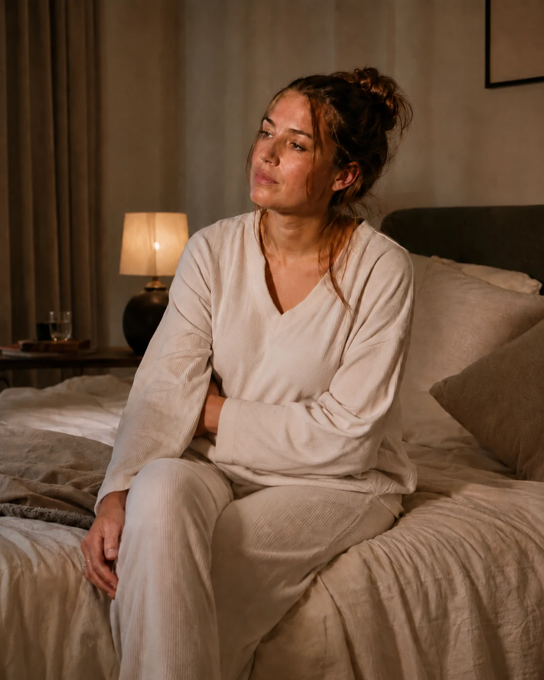 Vrouw zit 's avonds op bed en ervaart dat haar lichaam moe is, maar haar hoofd nog doorgaat