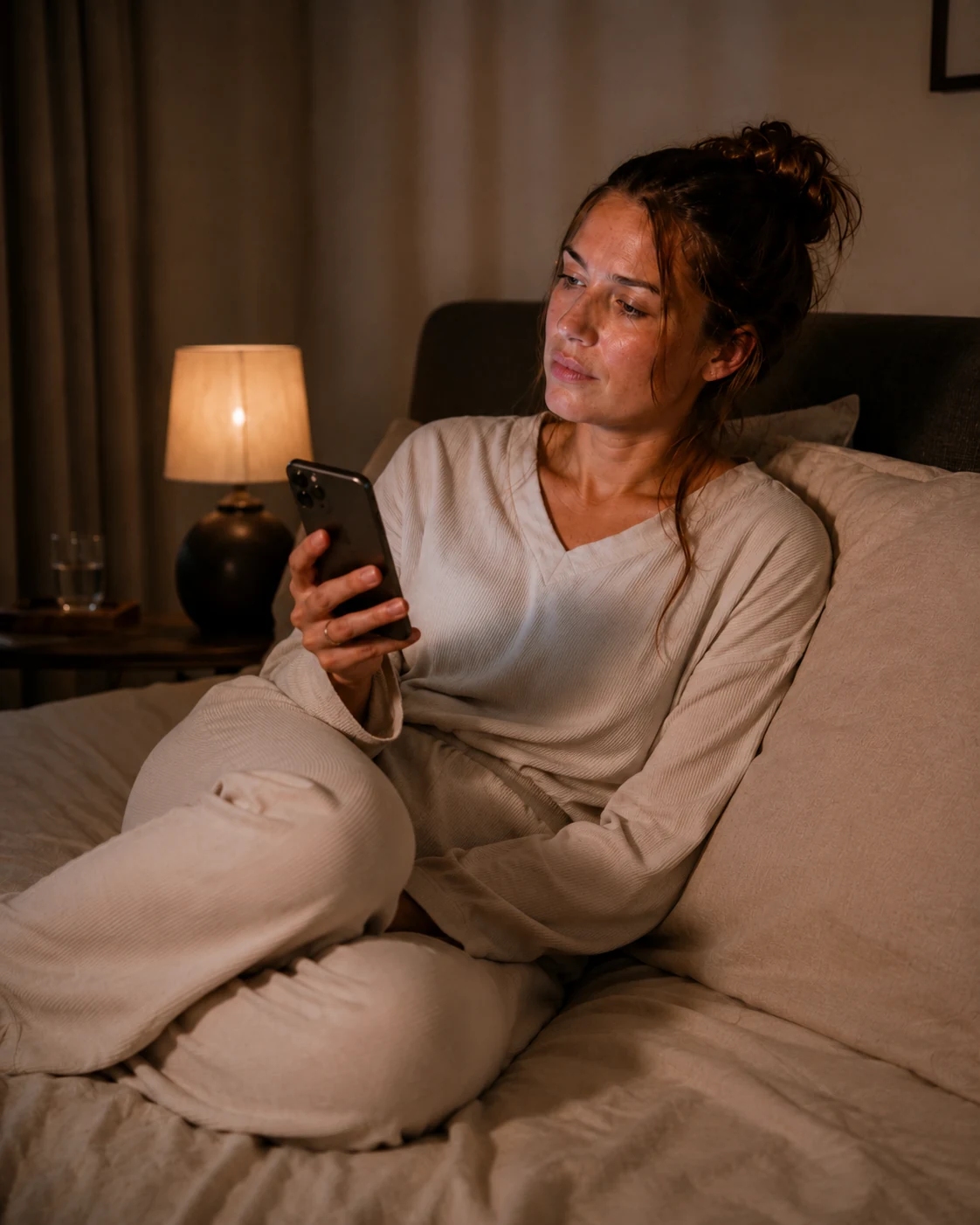 Vrouw zit 's avonds op bed en probeert te ontspannen met haar telefoon